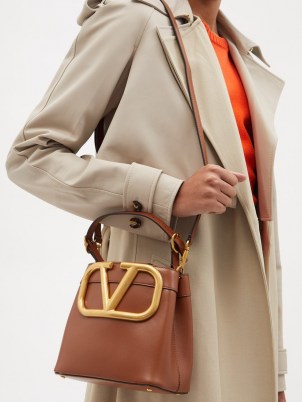 VALENTINO GARAVANI Supervee tan leather bucket bag | women’s designer logo shoulder bags | womens brown top handle handbags | chic accessories - flipped