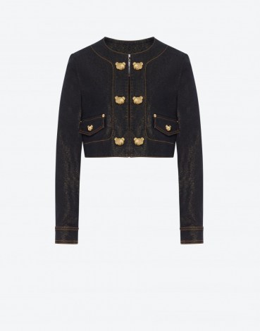 MOSCHINO TEDDY BUTTONS DENIM CROPPED JACKET BLACK | button detail crop hem jackets | women’s designer outerwear - flipped