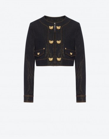 MOSCHINO TEDDY BUTTONS DENIM CROPPED JACKET BLACK | button detail crop hem jackets | women’s designer outerwear