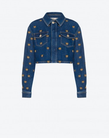 MOSCHINO TEDDY EMBROIDERY DENIM JACKET | blue cropped jackets | women casual designer outerwear - flipped