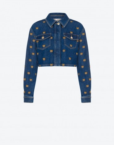MOSCHINO TEDDY EMBROIDERY DENIM JACKET | blue cropped jackets | women casual designer outerwear