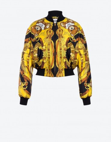 MOSCHINO TEDDY SCARF SILK TWILL BOMBER | printed front zip jackets - flipped