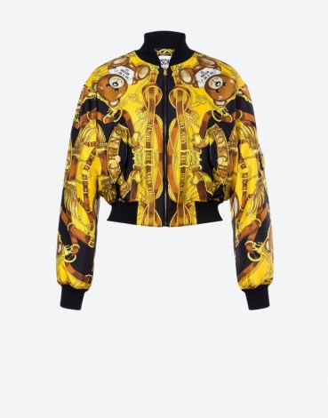 MOSCHINO TEDDY SCARF SILK TWILL BOMBER | printed front zip jackets