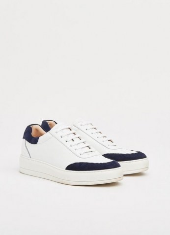 L.K. Bennett TEDDY WHITE LEATHER & NAVY SUEDE FLATFORM TRAINERS | womens contrast detail sneakers | women’s casual sports inspired footwear