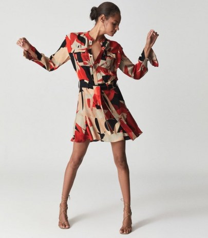 REISS THEO PRINTED SHIRT DRESS RED ~ long sleeve abstract print flared hem dresses - flipped