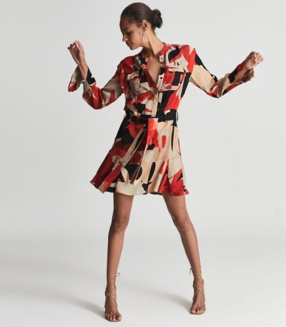 REISS THEO PRINTED SHIRT DRESS RED ~ long sleeve abstract print flared hem dresses