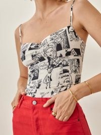 REFORMATION Thiago Top Newsprint / strappy fitted sweetheart neckline tops / retro comic prints on women’s fashion