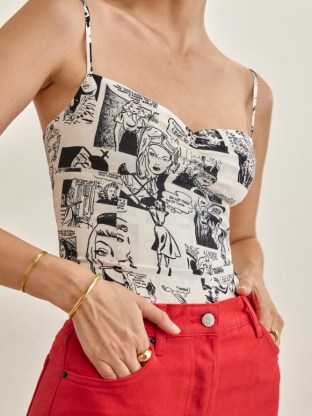 REFORMATION Thiago Top Newsprint / strappy fitted sweetheart neckline tops / retro comic prints on women’s fashion - flipped