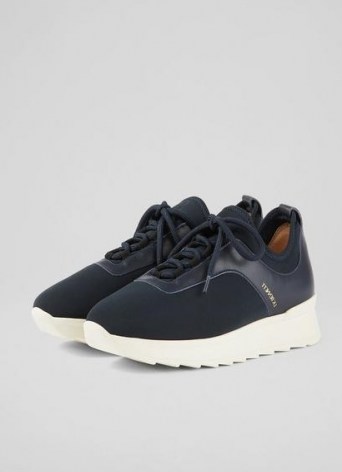 L.K. BENNETT TILLY NAVY NYLON LEATHER FLATS ~ womens dark blue wedged trainers ~ effortless casual style - flipped