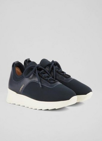 L.K. BENNETT TILLY NAVY NYLON LEATHER FLATS ~ womens dark blue wedged trainers ~ effortless casual style