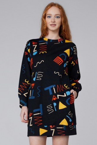 Ellen Rutt x Gorman TIME AND SPACE SWEATER DRESS – printed organic cotton sweat dresses – slogan and abstract prints on casual fashion