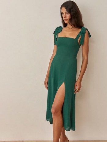 Reformation Twilight Dress in Emerald – green tie strap fitted bodice dresses – thigh high split hemline