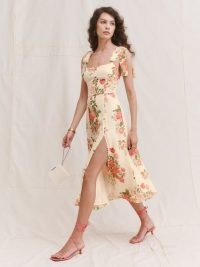REFORMATION Twilight Dress in Corsage ~ pink floral blooms ~ feminine tie strap dresses ~ thigh high split fashion