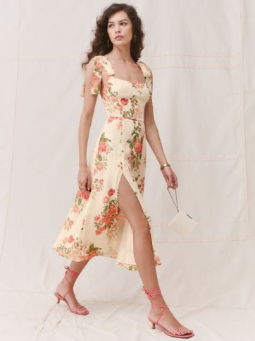 REFORMATION Twilight Dress in Corsage ~ pink floral blooms ~ feminine tie strap dresses ~ thigh high split fashion - flipped