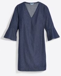 DRAPER JAMES V-Neck Shift Dress in Chambray Dark Wash | lightweight denim ruffle sleeve detail dresses | womens casual plus size fashion