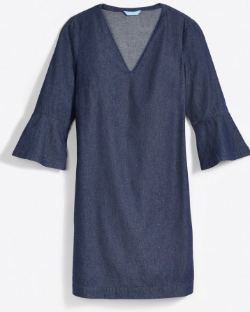 DRAPER JAMES V-Neck Shift Dress in Chambray Dark Wash | lightweight denim ruffle sleeve detail dresses | womens casual plus size fashion