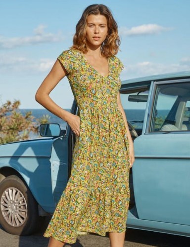Boden Voop Cotton Tiered Dress Daffodil, Kaleidoscopic Floral / yellow flower print dresses - flipped