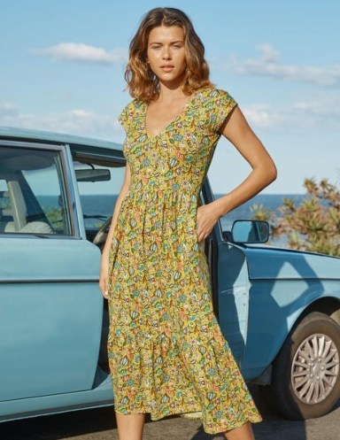 Boden Voop Cotton Tiered Dress Daffodil, Kaleidoscopic Floral / yellow flower print dresses