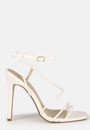 Missguided white asymmetric strappy high heel sandals – skinny strap square toe stiletto heels - flipped