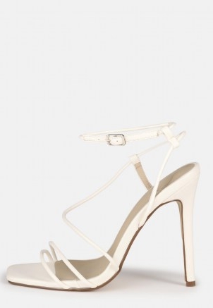 Missguided white asymmetric strappy high heel sandals – skinny strap square toe stiletto heels