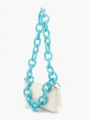 GERMANIER Beaded-strap faux patent-leather baguette bag | handbag with chunky bead embellished chain strap | small white handbags | white and turquoise crossbody - flipped