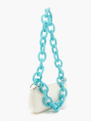 GERMANIER Beaded-strap faux patent-leather baguette bag | handbag with chunky bead embellished chain strap | small white handbags | white and turquoise crossbody