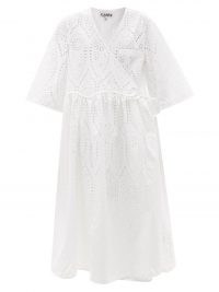 GANNI Broderie-anglaise organic-cotton wrap dress in white