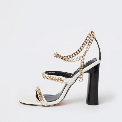 RIVER ISLAND White chain detail heeled sandals / strappy high heels / womens going out evening shoes - flipped