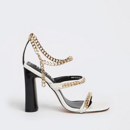 RIVER ISLAND White chain detail heeled sandals / strappy high heels / womens going out evening shoes