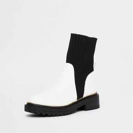 RIVER ISLAND White chunky sock boots ~ womens white boot with black contrast - flipped