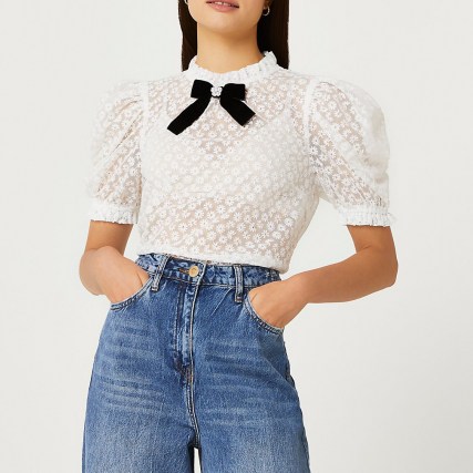 RIVER ISLAND White floral bow neck top / sheer puff sleeve tops / romantic style fashion - flipped