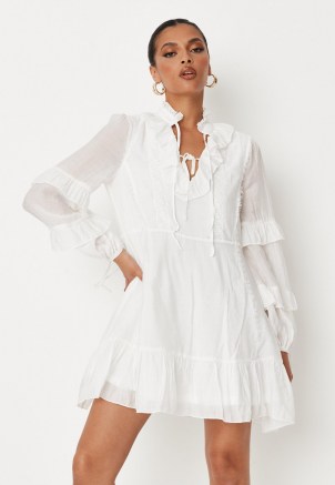 MISSGUIDED white frill sleeve lace detail dress ~ ruffled neck tiered hem dresses
