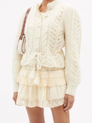 LOVESHACKFANCY Girard lace-knitted alpaca-blend cardigan ~ feminine tie waist cardigans ~ romance inspired knitwear