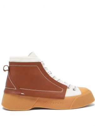 JW ANDERSON High-top leather trainers ~ womens designer hi tops ~ women’s white and brown sneakers