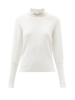 CHLOÉ Ruffled-neck white wool top | women’s high frill neck jumpers | womens chic designer knitwear - flipped