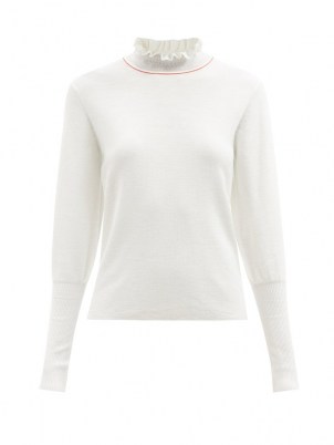 CHLOÉ Ruffled-neck white wool top | women’s high frill neck jumpers | womens chic designer knitwear