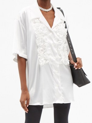 VAQUERA Ruffle-trimmed white satin shirt ~ womens oversized front ruffled shirts ~ romantic style tops - flipped