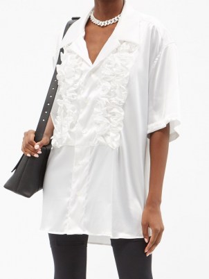 VAQUERA Ruffle-trimmed white satin shirt ~ womens oversized front ruffled shirts ~ romantic style tops