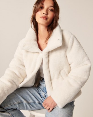 A&F Faux Fur Mini Puffer in Off White ~ fluffy luxe style jackets ~ women’s glamorous winter outerwear ~ Abercrombie & Fitch womens on-trend fashion - flipped