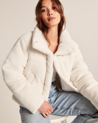 A&F Faux Fur Mini Puffer in Off White ~ fluffy luxe style jackets ~ women’s glamorous winter outerwear ~ Abercrombie & Fitch womens on-trend fashion