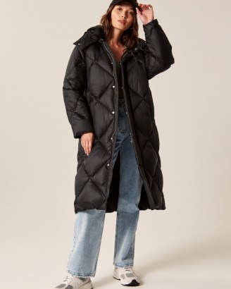 A&F Ultra Long Quilted Puffer ~ black longline padded coats ~ women’s on-trend winter outerwear ~ Abercrombie & Fitch fashion - flipped