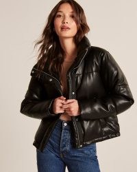 A&F Vegan Leather Mini Puffer ~ women’s black padded on-trend jackets ~ Abercrombie & Fitch womens fashionable autumn and winter outerwear