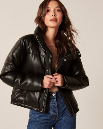 A&F Vegan Leather Mini Puffer ~ women’s black padded on-trend jackets ~ Abercrombie & Fitch womens fashionable autumn and winter outerwear - flipped