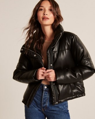 A&F Vegan Leather Mini Puffer ~ women’s black padded on-trend jackets ~ Abercrombie & Fitch womens fashionable autumn and winter outerwear