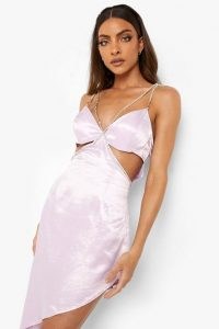 boohoo Diamante Strap Cut Out Bodycon Midi Dress – strappy embellished asymmetric dresses – glamorous going out fashion