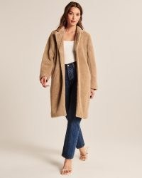 Abercrombie & Fitch Faux Fur Dad Coat in Light Brown ~ womens luxe style winter coats ~ women’s plush outerwear