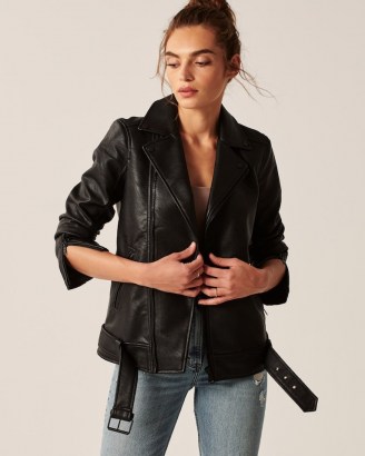Abercrombie & Fitch Faux Leather Biker Jacket in Black ~ womens casual zip detail jackets - flipped