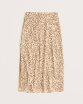 Abercrombie & Fitch High-Slit Midi Skirt ~ brown floral side split skirts - flipped