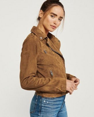 Abercrombie & Fitch Suede Biker Jacket ~ womens brown zip detail jackets