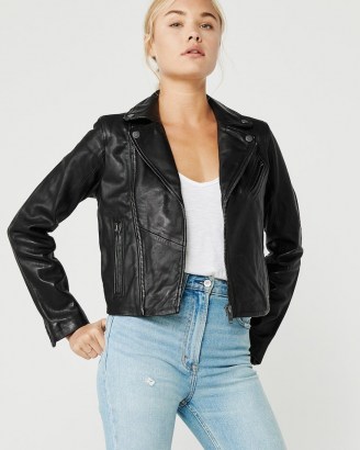 Abercrombie & Fitch Leather Moto Jacket ~ women’s black classic style biker jackets - flipped